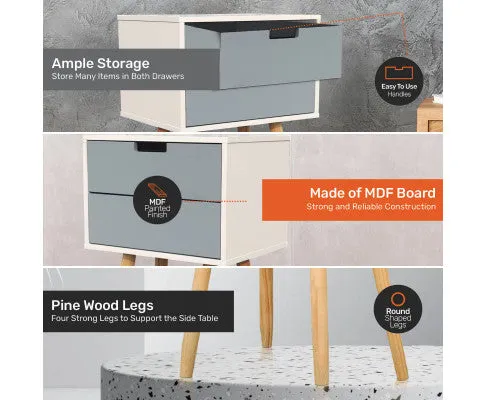 2 Drawer Side Table Modern Sleek & Stylish Neutral Design 61cm