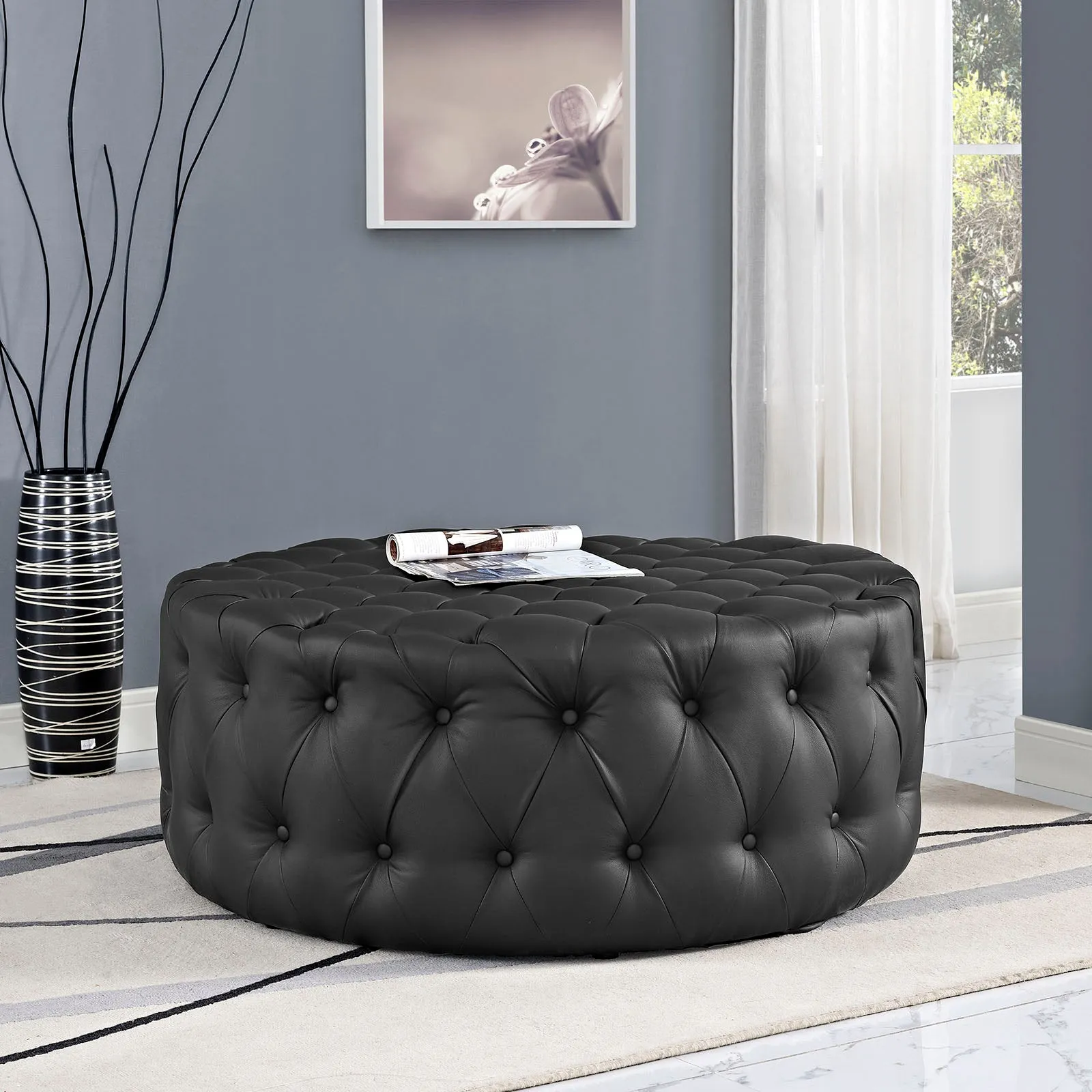 Amour Upholstered Vinyl Ottoman Black EEI-2224-BLK