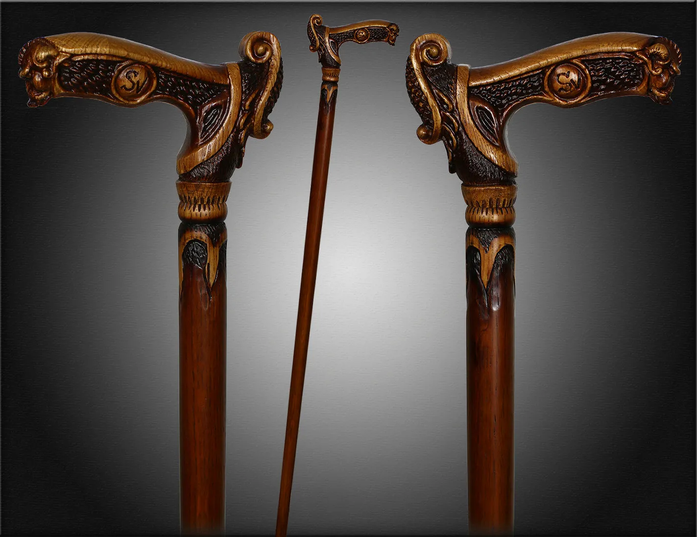 Boar Head: Artisan Intricate Detail Hand-Carved Walking Cane