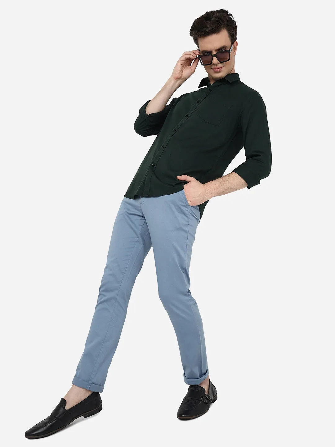 Bottle Green Solid Smart Fit Semi Casual Shirt | Greenfibre