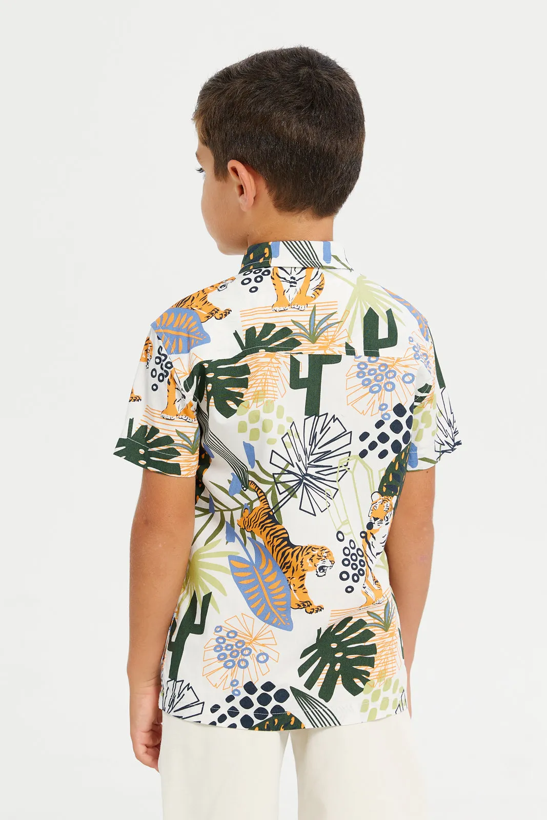 Boys Beige Jungle Print Shirt