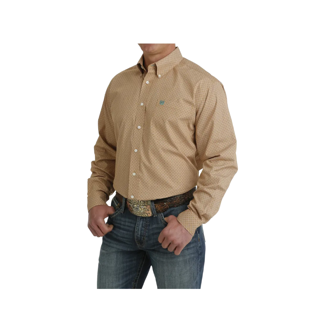 Cinch Men's Geometric Print Button Down Long Sleeve Western Brown White Shirt