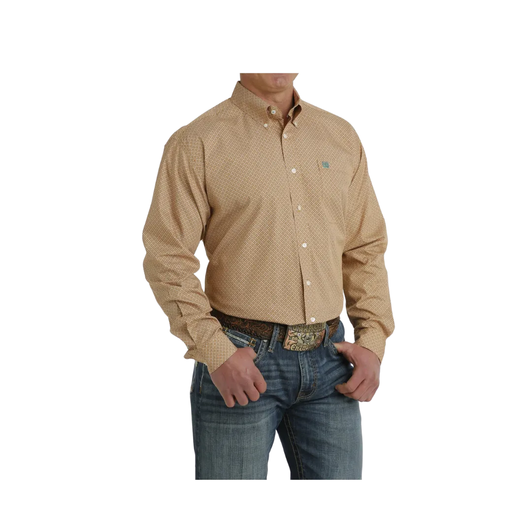 Cinch Men's Geometric Print Button Down Long Sleeve Western Brown White Shirt