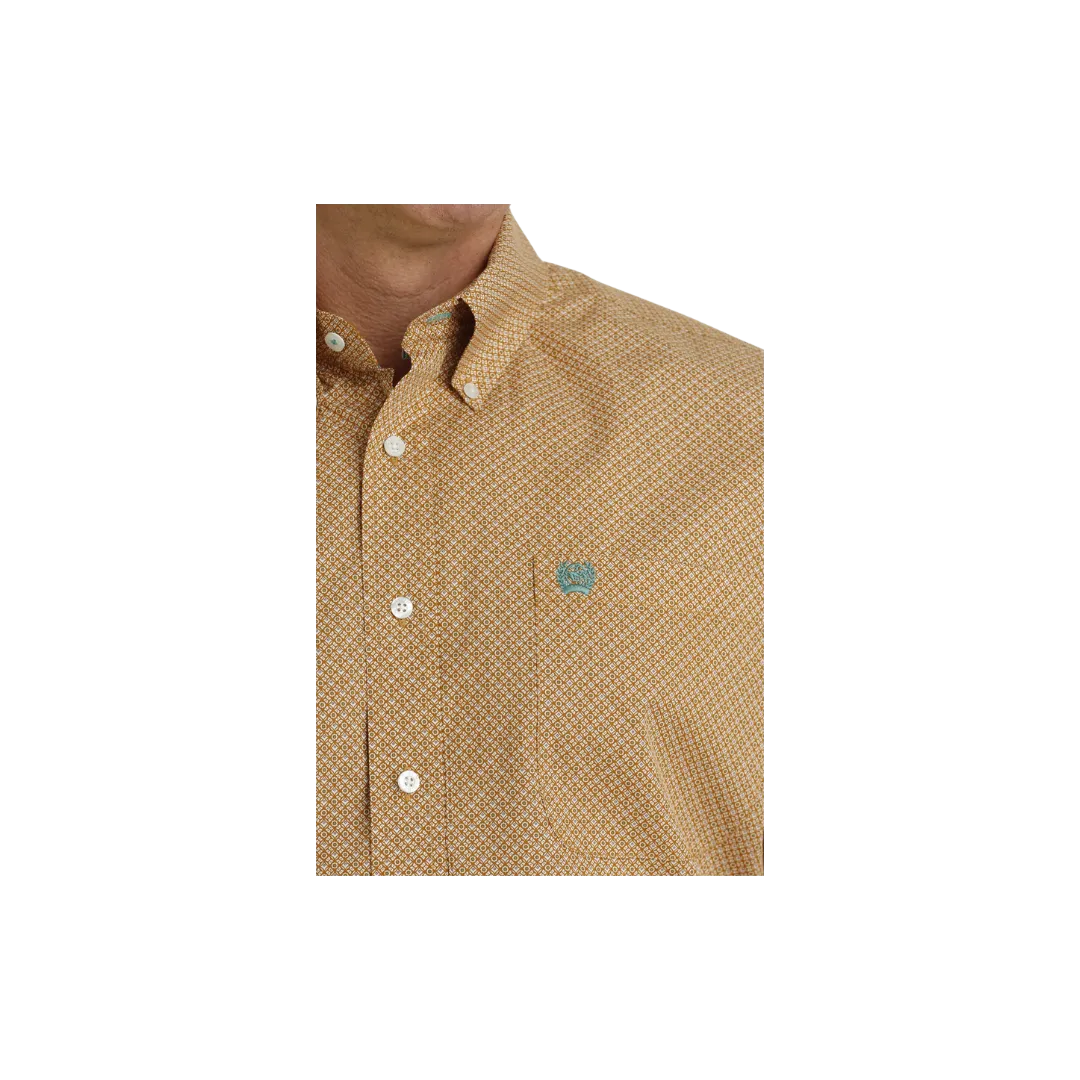 Cinch Men's Geometric Print Button Down Long Sleeve Western Brown White Shirt
