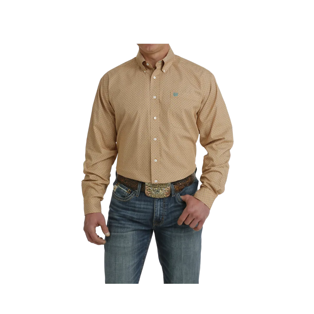 Cinch Men's Geometric Print Button Down Long Sleeve Western Brown White Shirt
