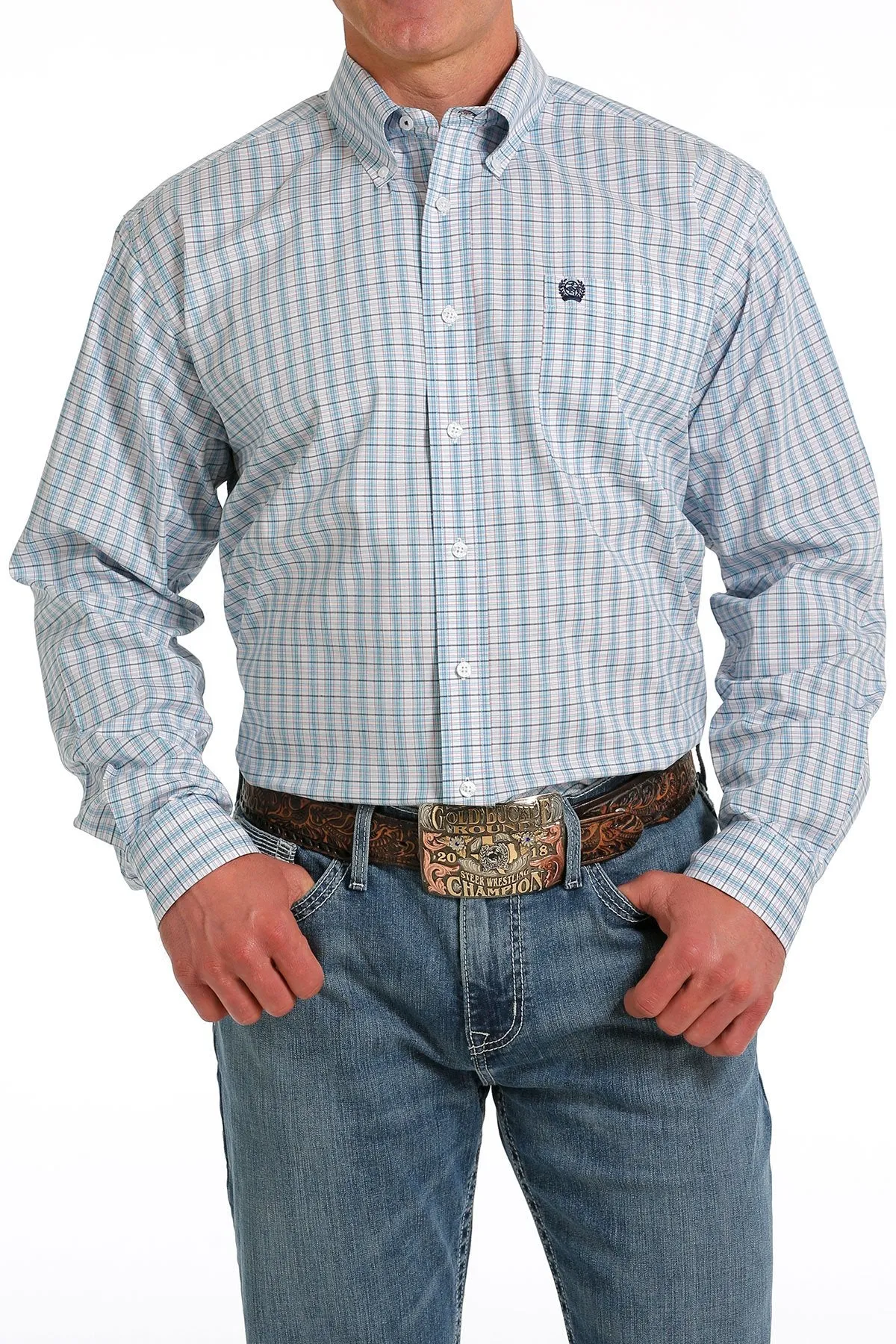 Cinch Mens Stretch Plaid Button Down Western Shirt - White/Turquoise/Red - MTW1105563