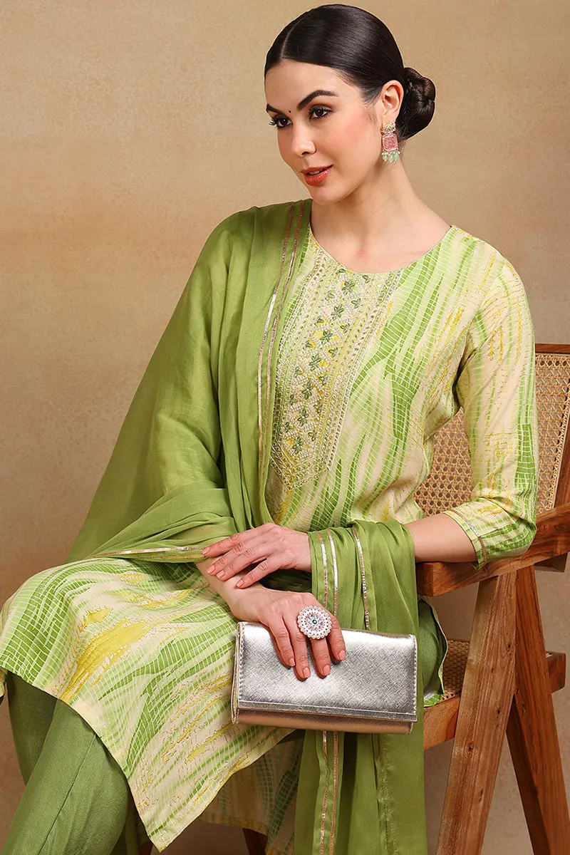 Cream Rayon Abstract Printed Embroidered Straight Suit Set