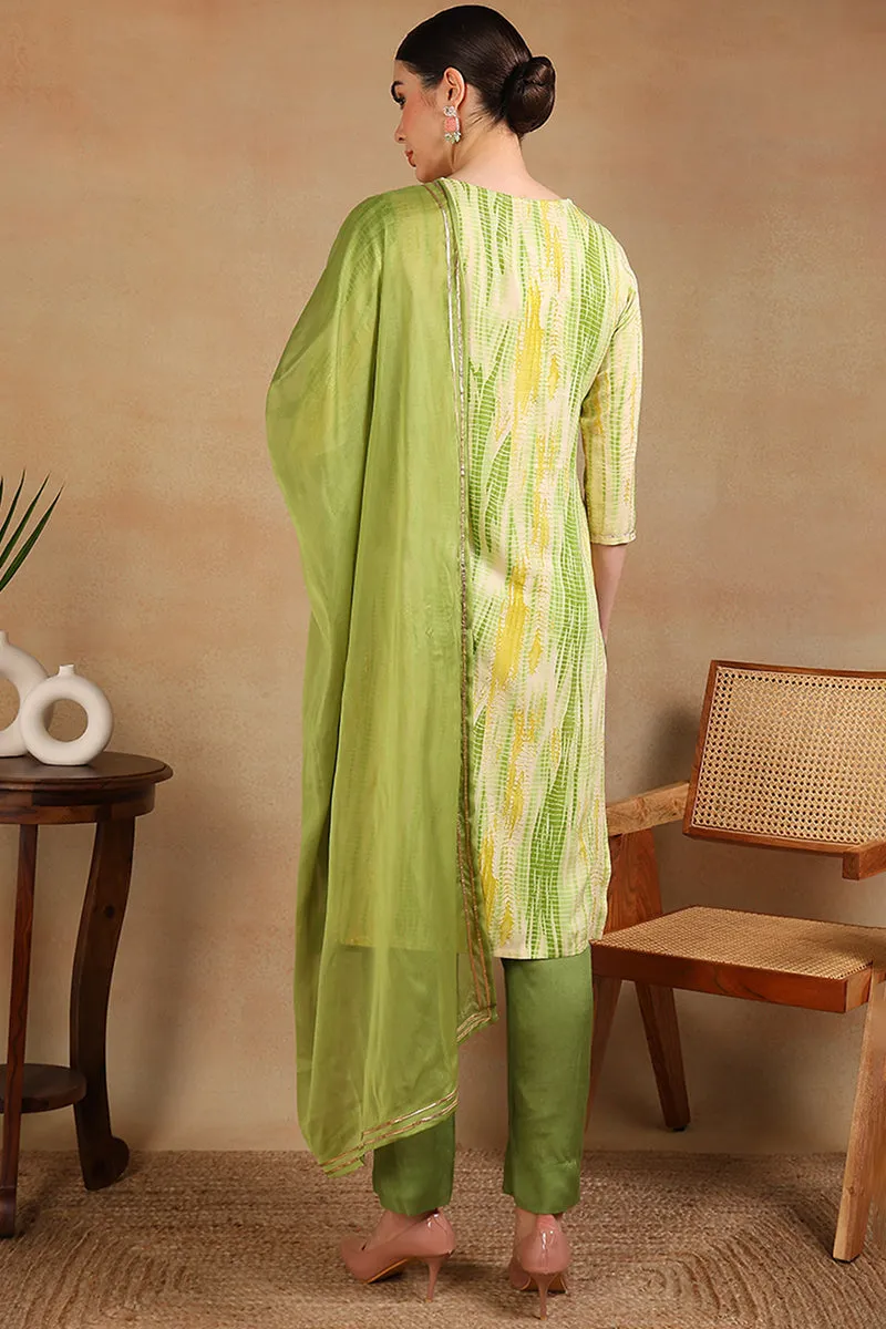 Cream Rayon Abstract Printed Embroidered Straight Suit Set