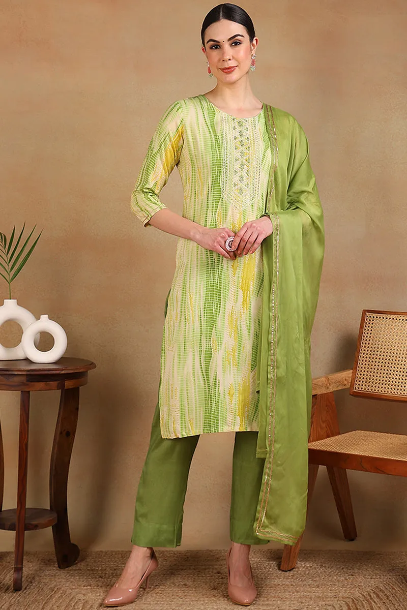 Cream Rayon Abstract Printed Embroidered Straight Suit Set