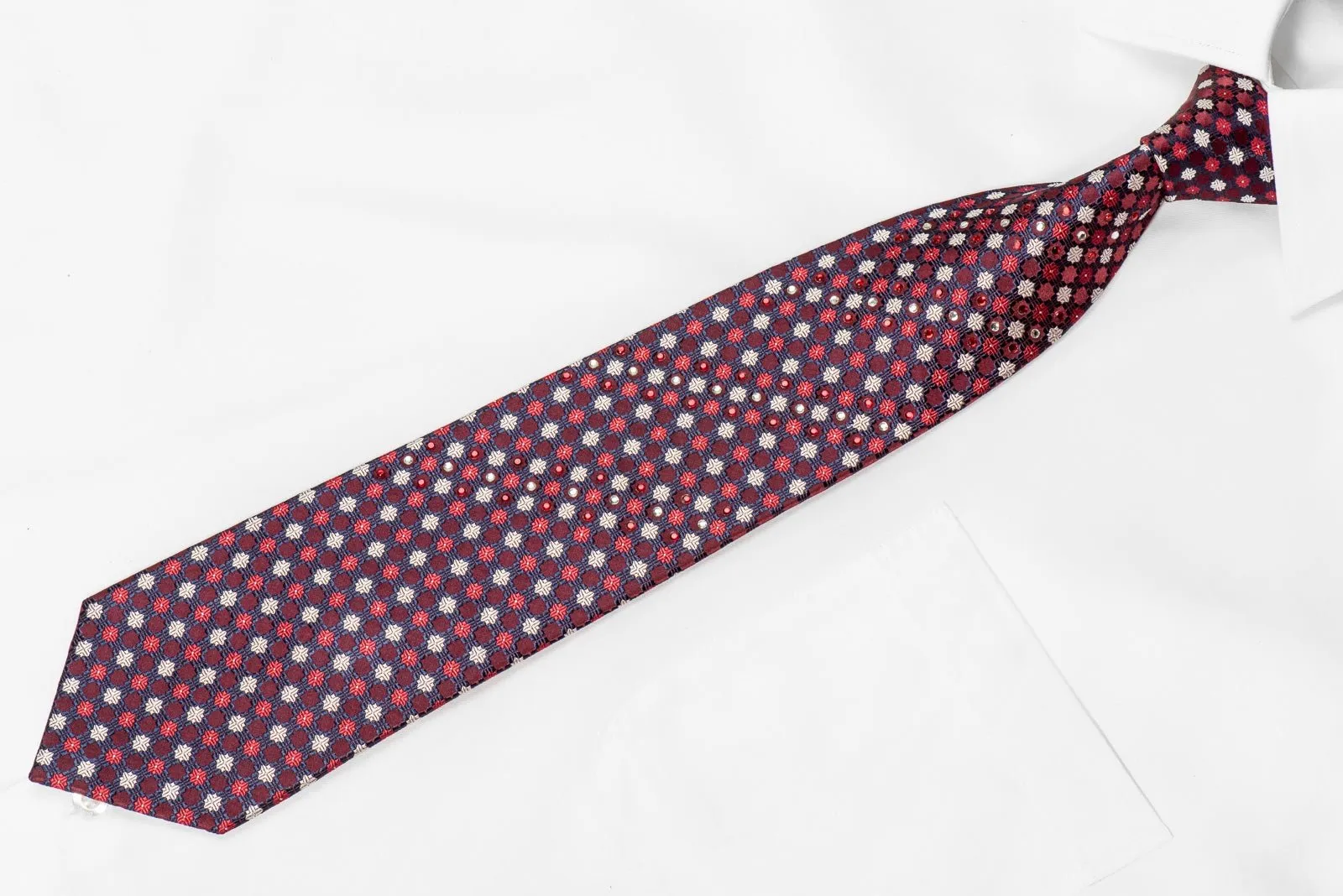 Daniel Hechter Men's Crystal Silk Tie Geometric On Burgundy With Silver Sparkles
