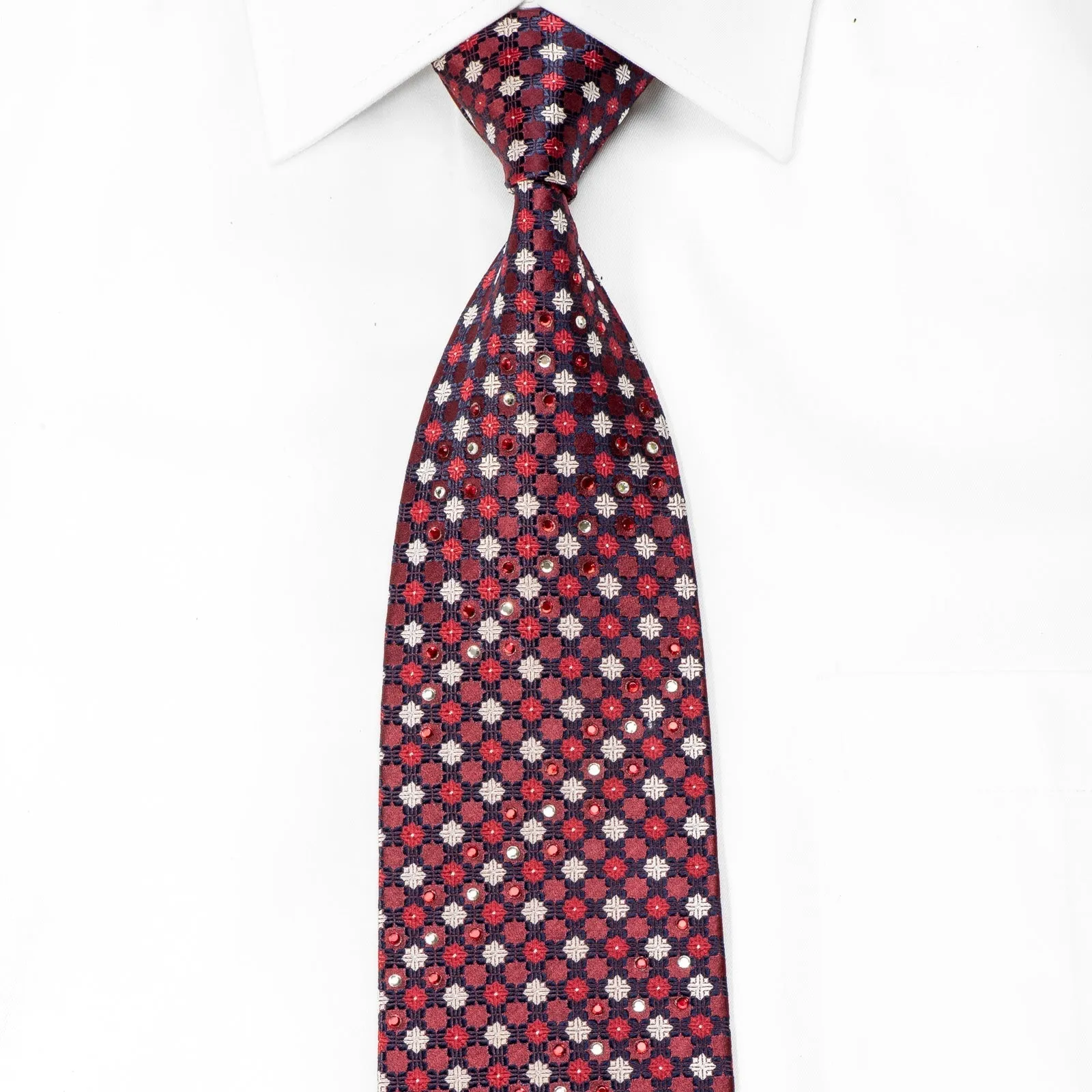 Daniel Hechter Men's Crystal Silk Tie Geometric On Burgundy With Silver Sparkles