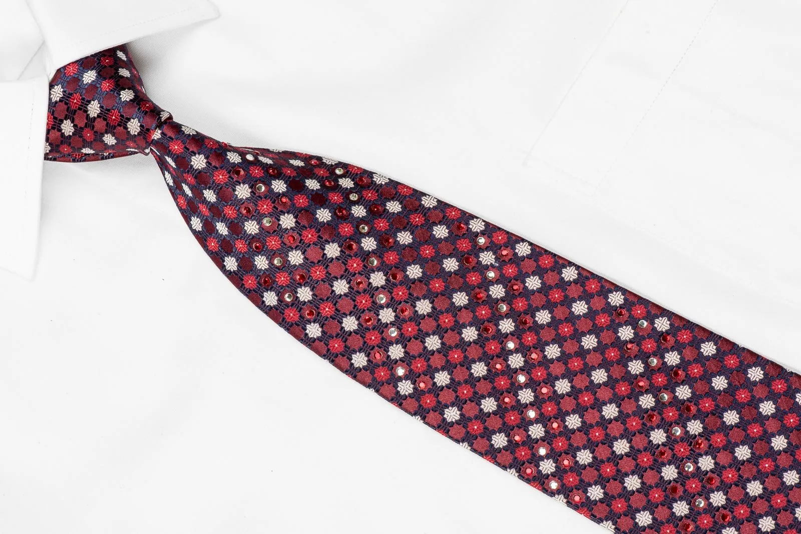 Daniel Hechter Men's Crystal Silk Tie Geometric On Burgundy With Silver Sparkles