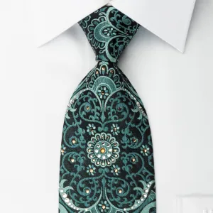 Daniel Hechter Rhinestone Necktie Green Damask On Black Silk