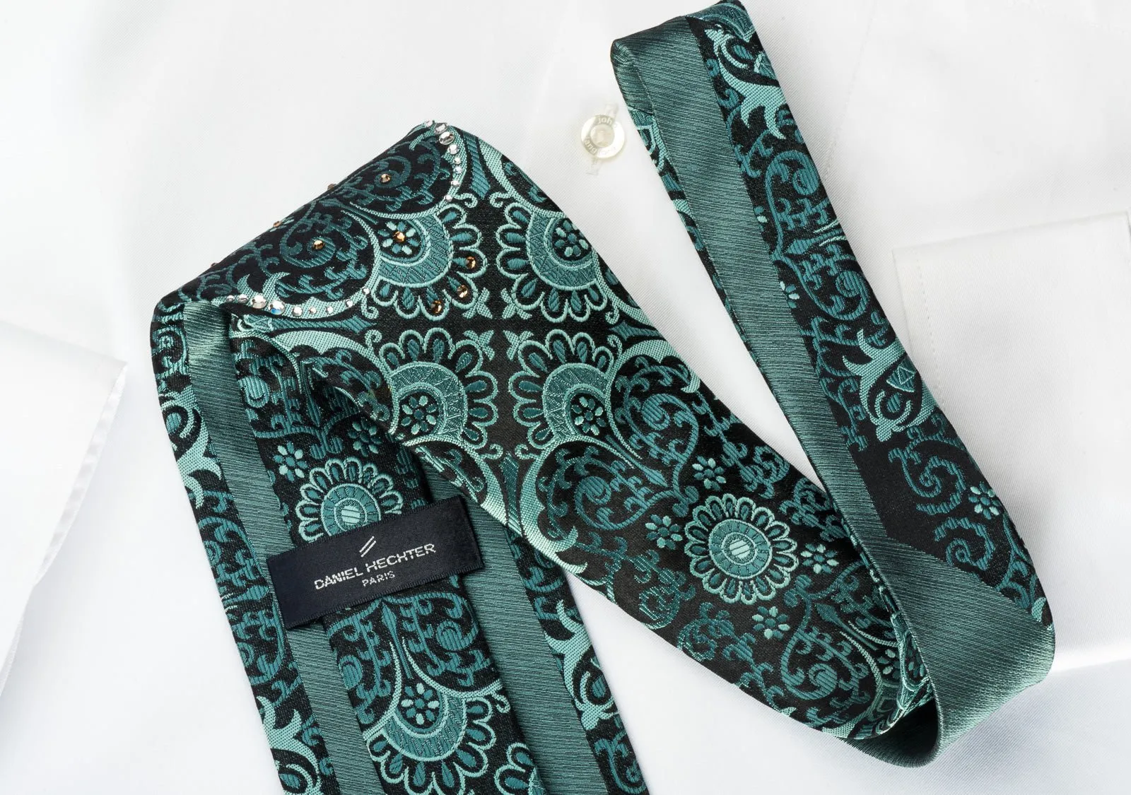 Daniel Hechter Rhinestone Necktie Green Damask On Black Silk