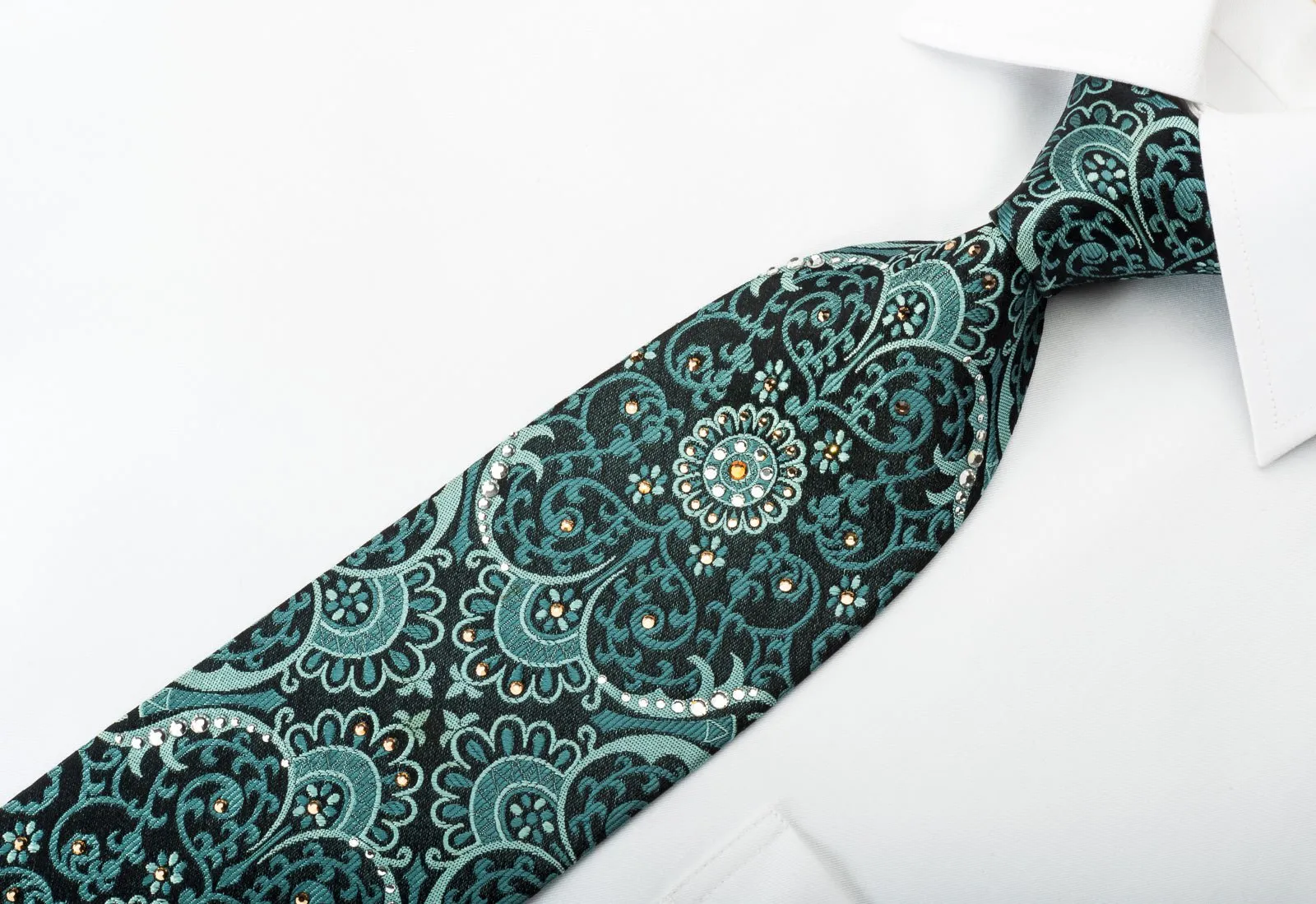 Daniel Hechter Rhinestone Necktie Green Damask On Black Silk