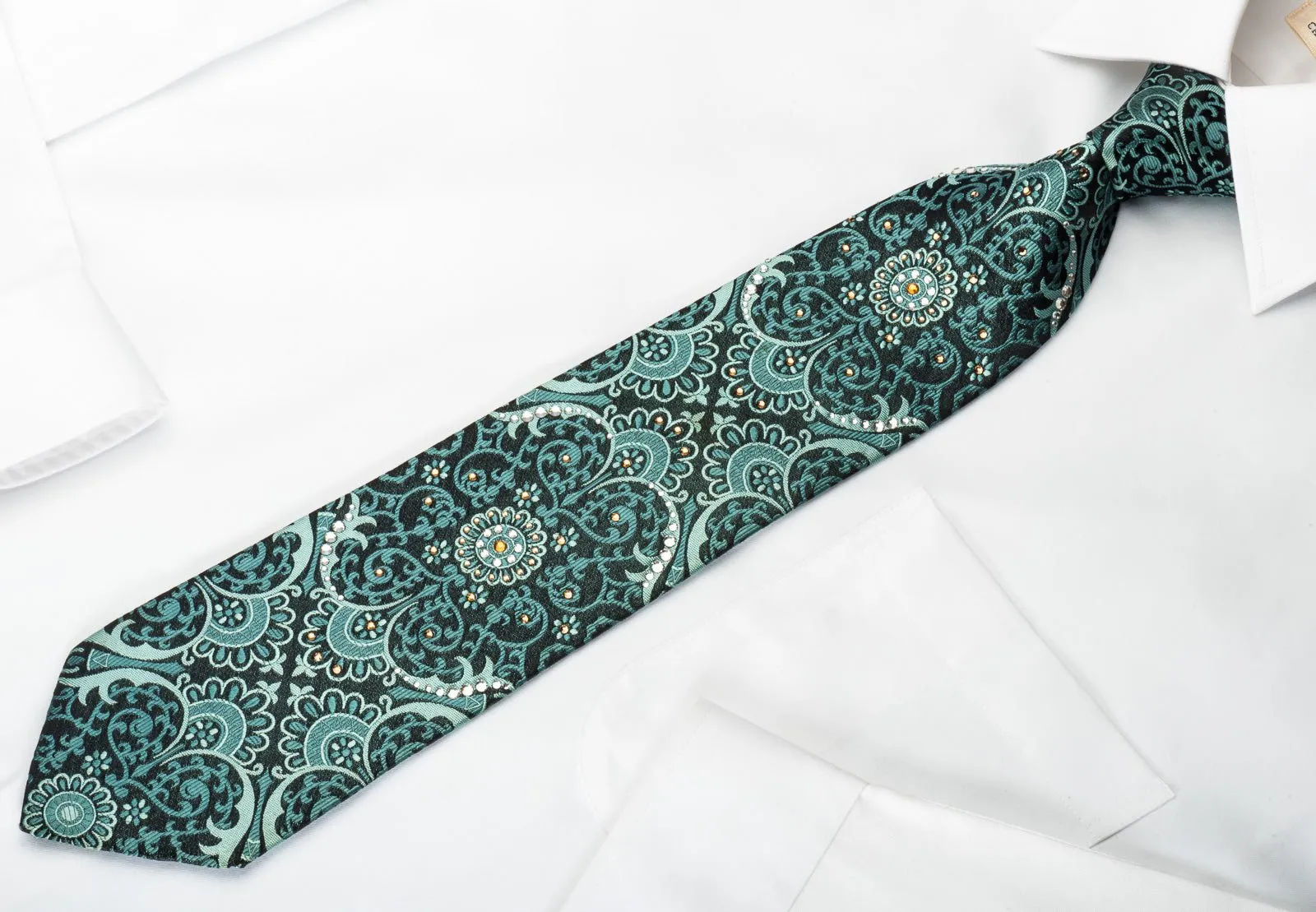Daniel Hechter Rhinestone Necktie Green Damask On Black Silk