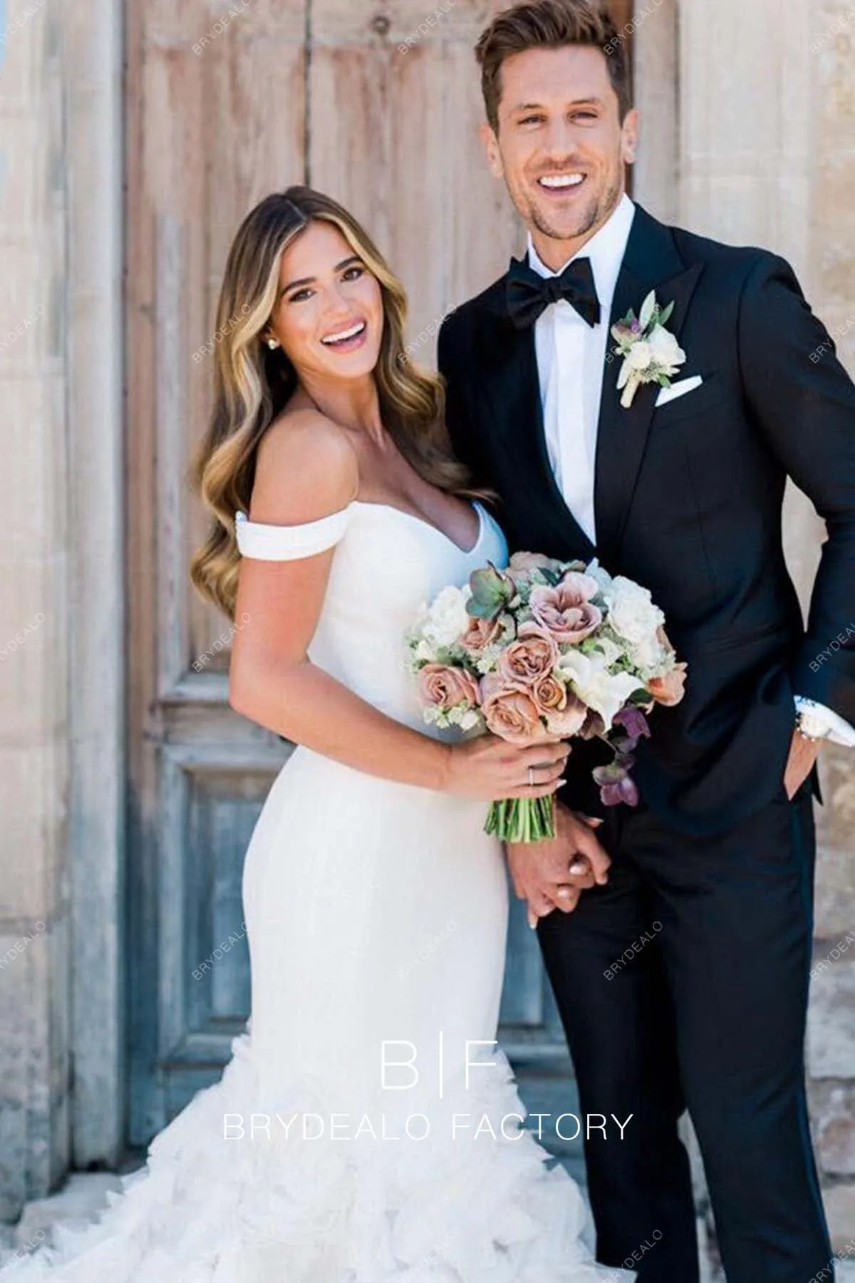 Designer Off Shoulder Ruffled Trumpet Destination Wedding Dress