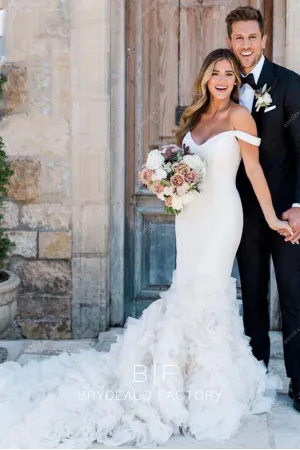 Designer Off Shoulder Ruffled Trumpet Destination Wedding Dress