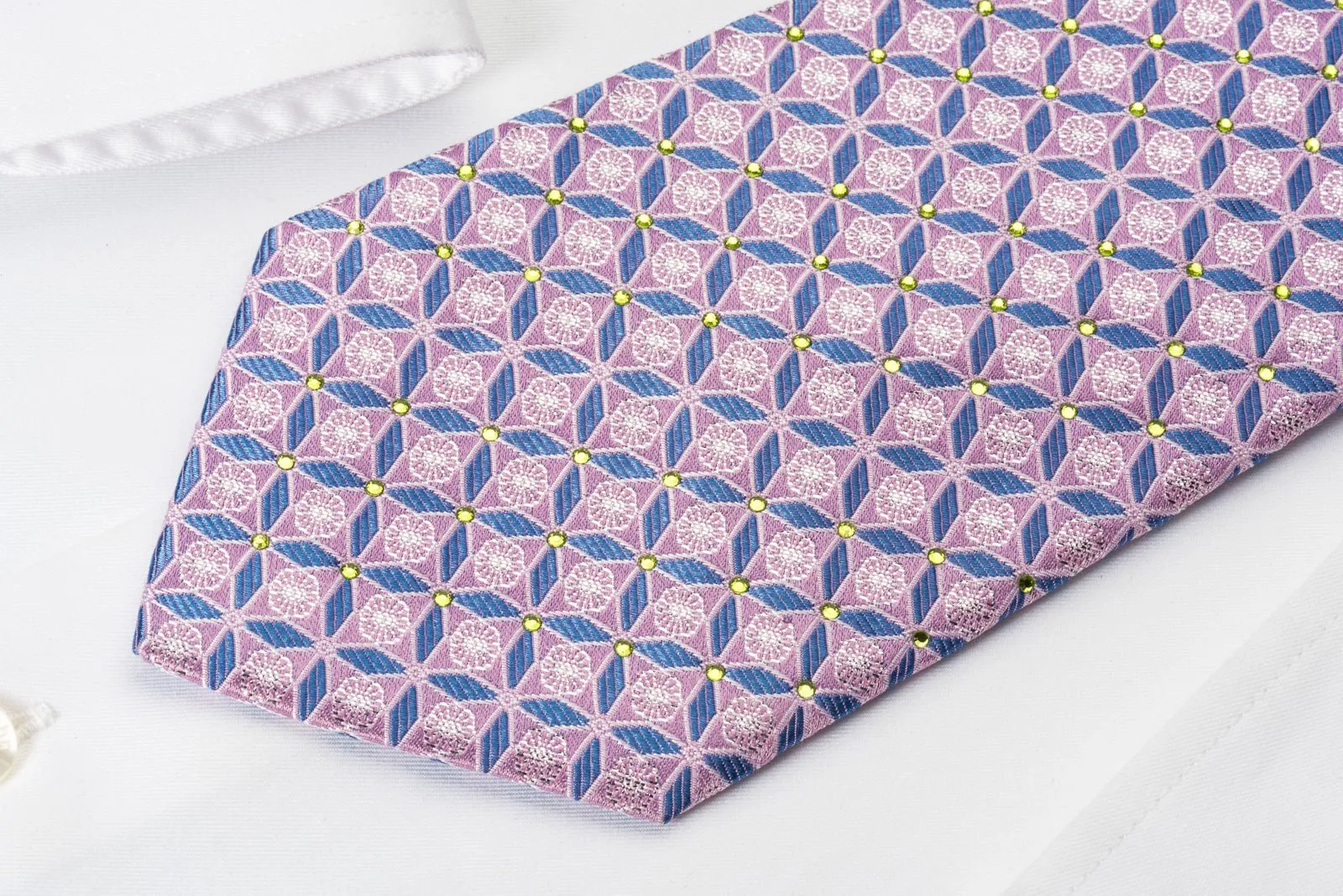 Elegance Silk Rhinestone Necktie Geometric Trellis On Mauve With Silver Sparkles