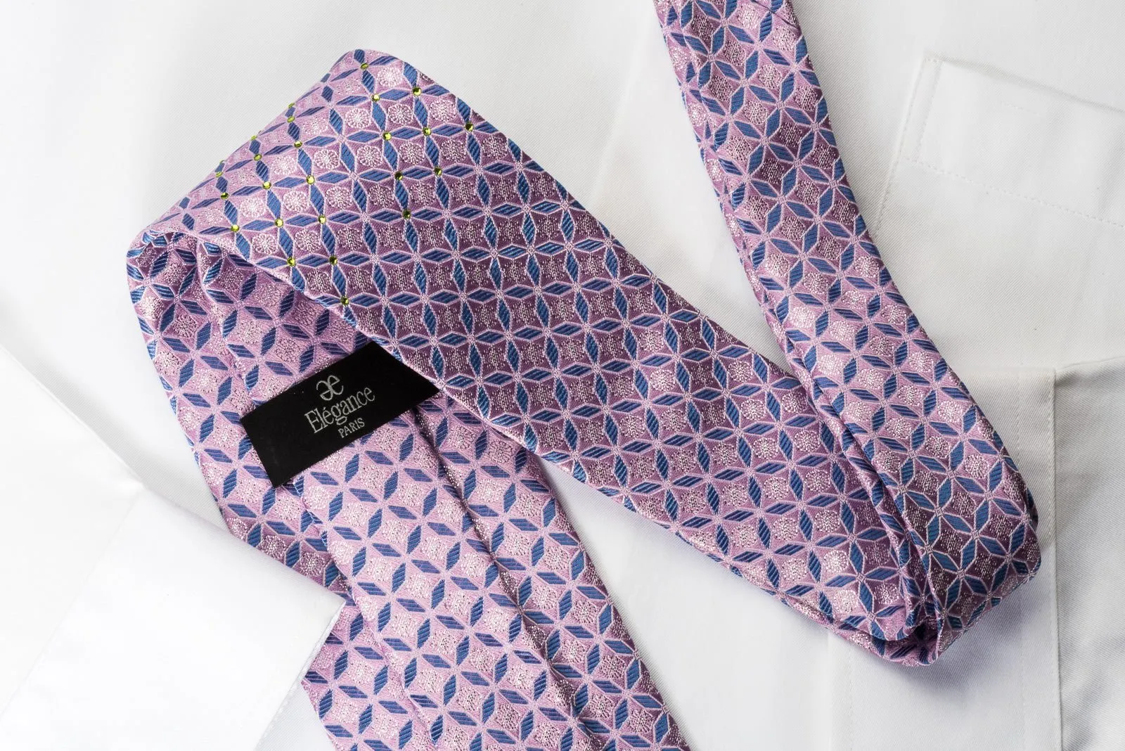 Elegance Silk Rhinestone Necktie Geometric Trellis On Mauve With Silver Sparkles