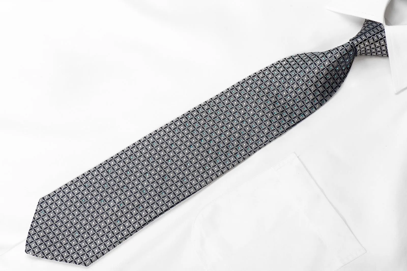 Elle Homme Men's Crystal Silk Tie Silver Geometric On Navy Sparkling With Rhinestones