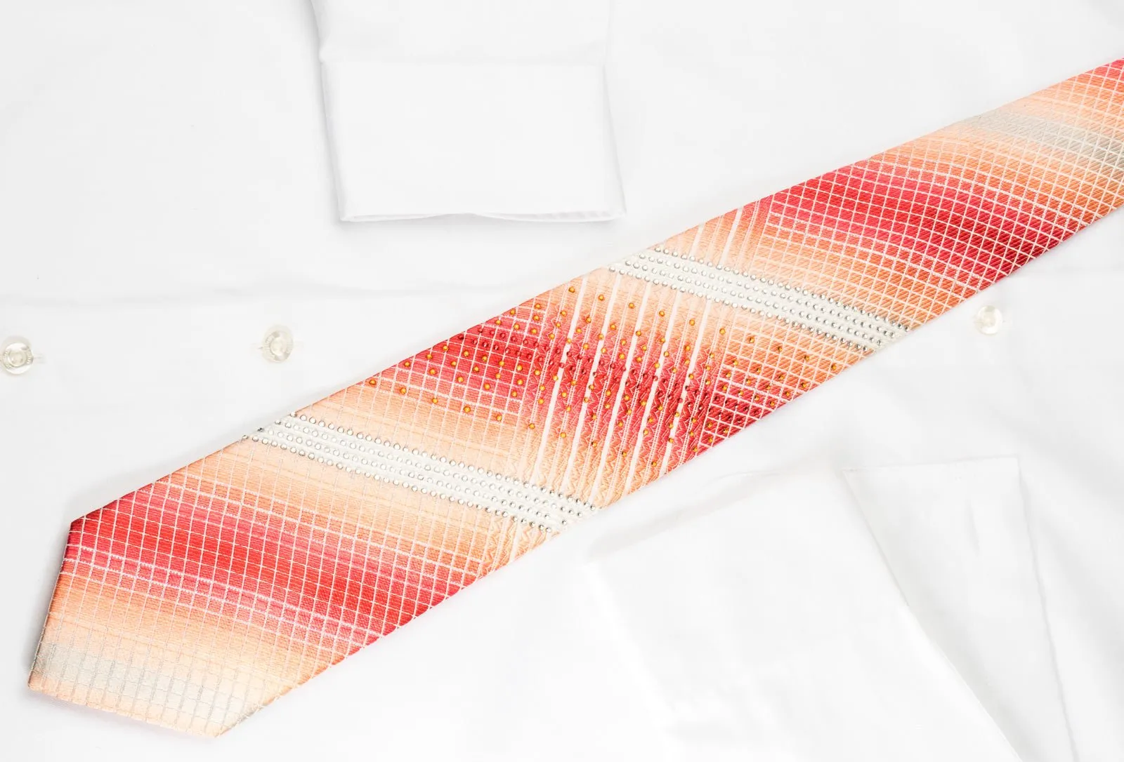 Elle Homme Silk Rhinestone Necktie White Striped On Orange With Silver Sparkles
