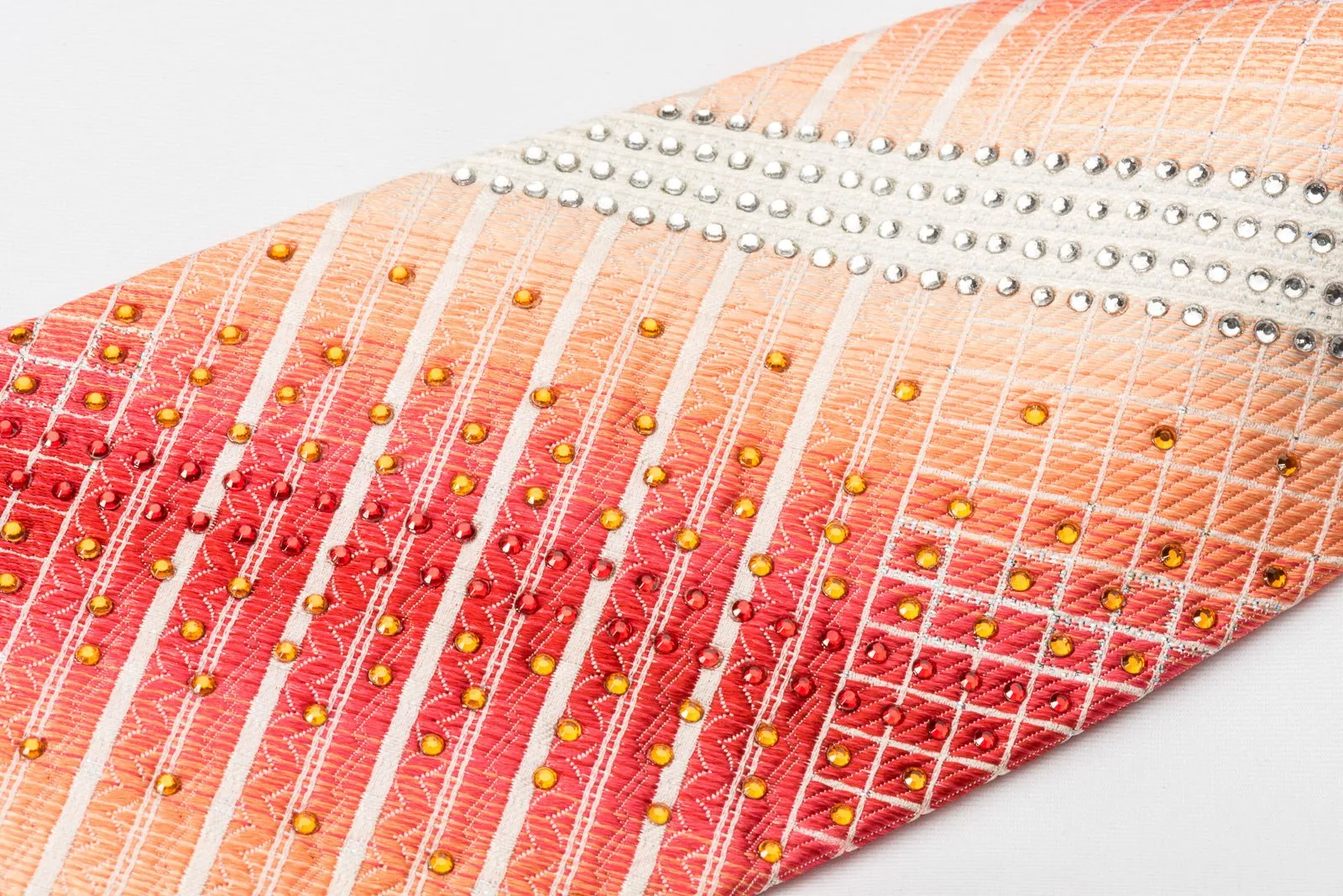 Elle Homme Silk Rhinestone Necktie White Striped On Orange With Silver Sparkles