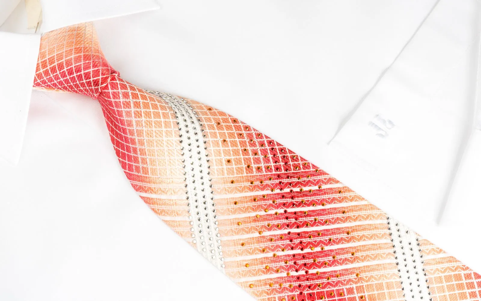 Elle Homme Silk Rhinestone Necktie White Striped On Orange With Silver Sparkles