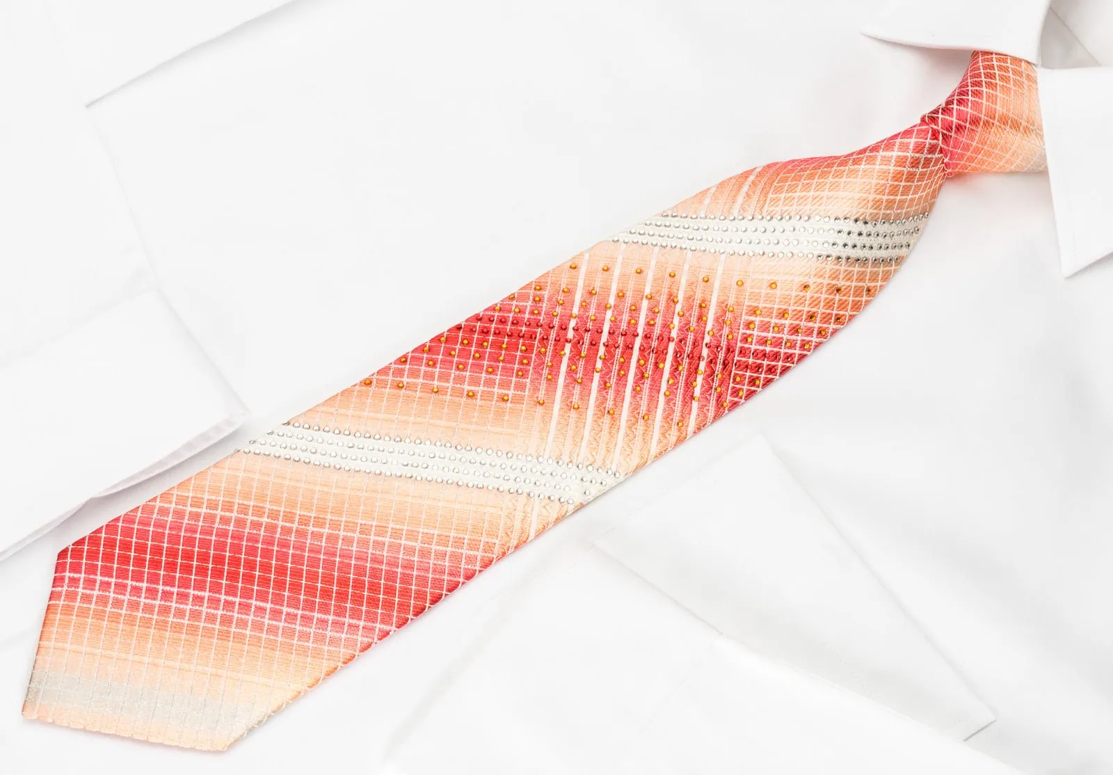 Elle Homme Silk Rhinestone Necktie White Striped On Orange With Silver Sparkles