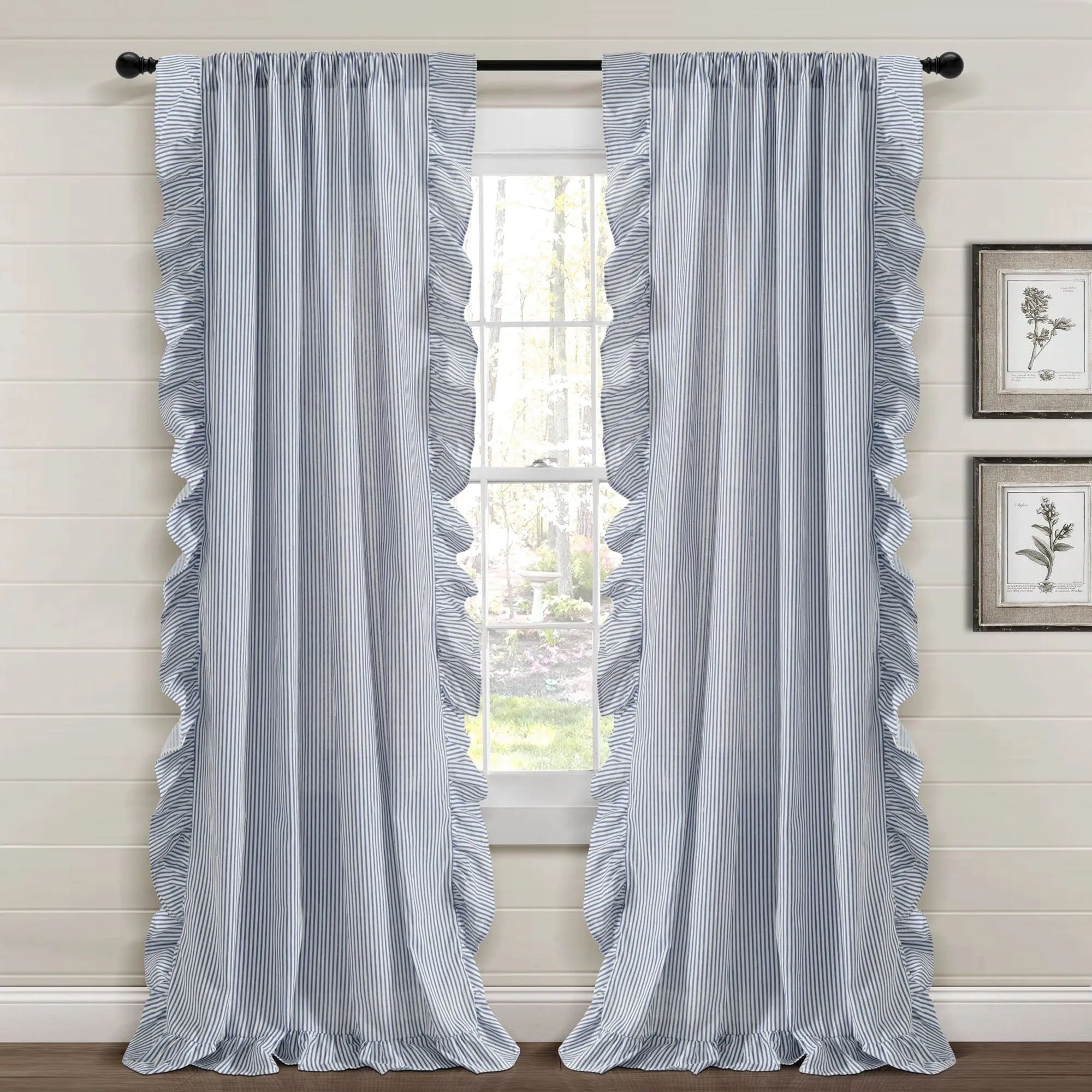Farmhouse Stripe Reyna Ruffle Window Curtain Panel Set