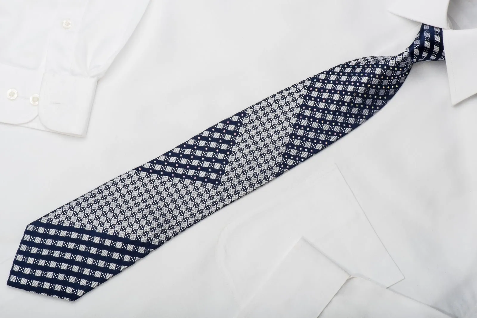 Franco Ferraro Rhinestone Silk Necktie Silver Blue Checkered With Sparkles