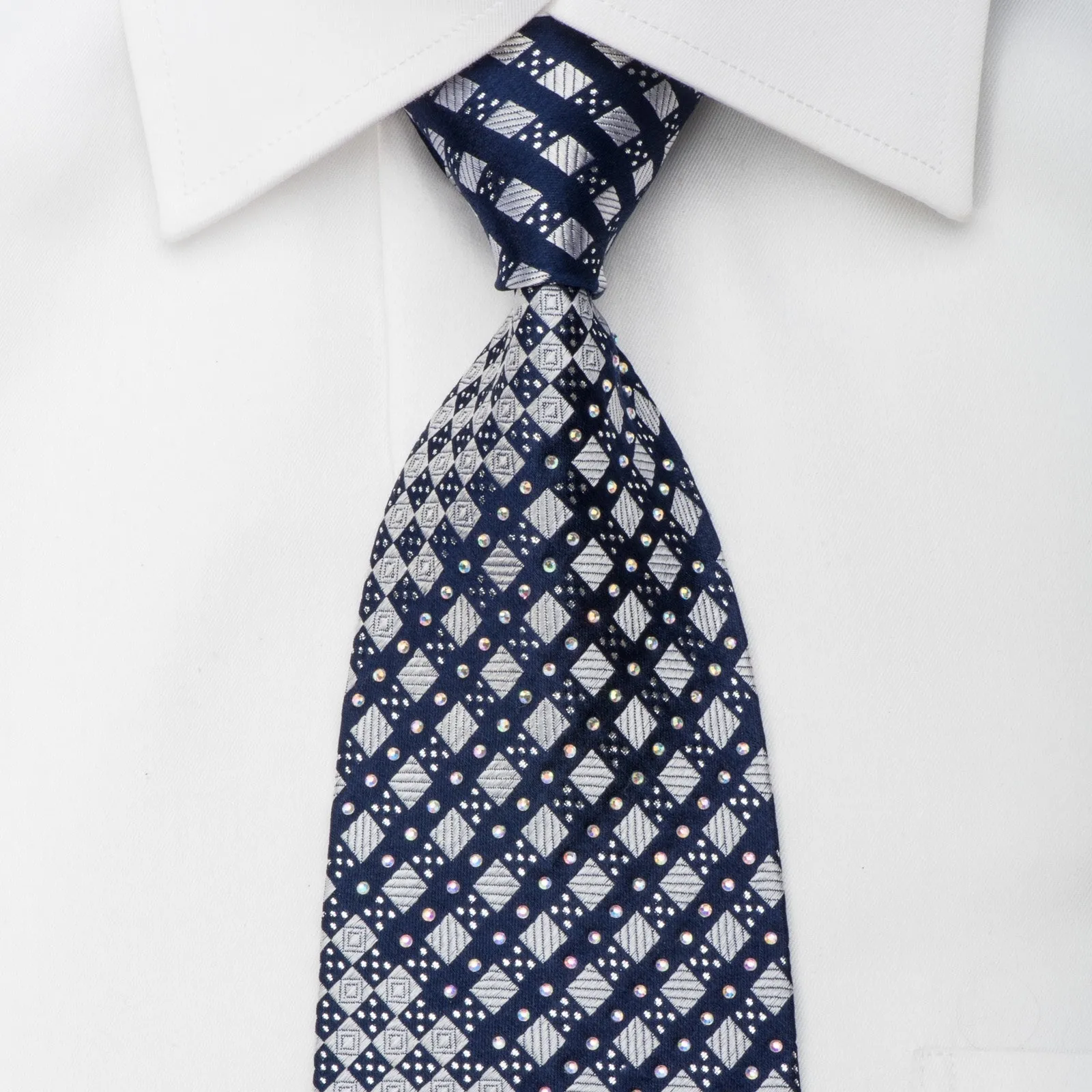 Franco Ferraro Rhinestone Silk Necktie Silver Blue Checkered With Sparkles