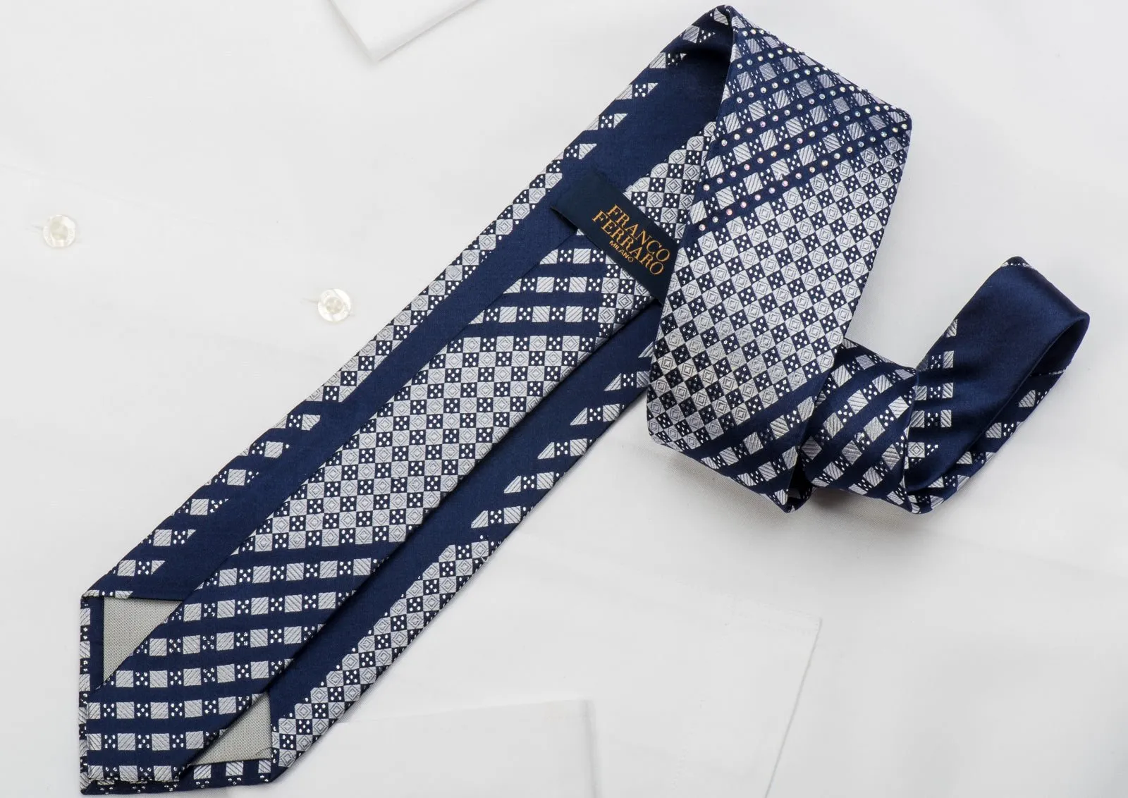 Franco Ferraro Rhinestone Silk Necktie Silver Blue Checkered With Sparkles