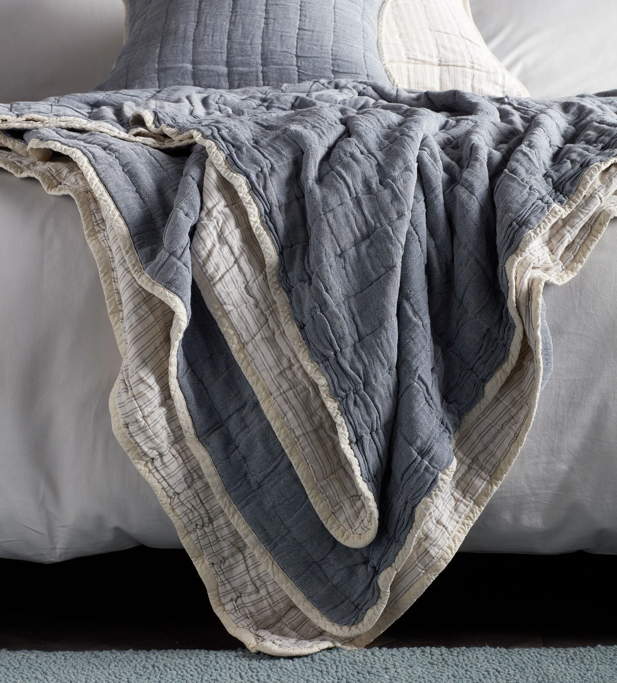 French Blue Vivienne 100% Cotton Quilted Cushion Cover and Throw
