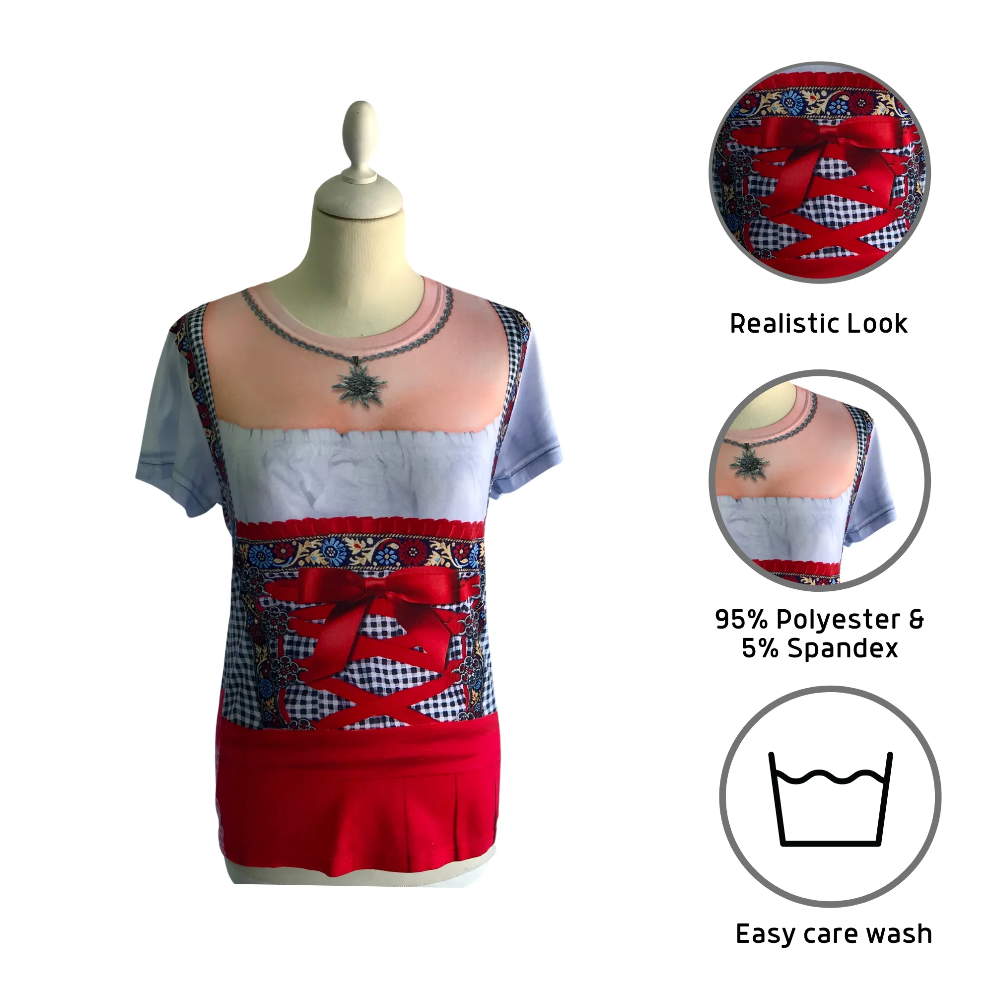 German Costume Dirndl Realistic Faux Red Shirt