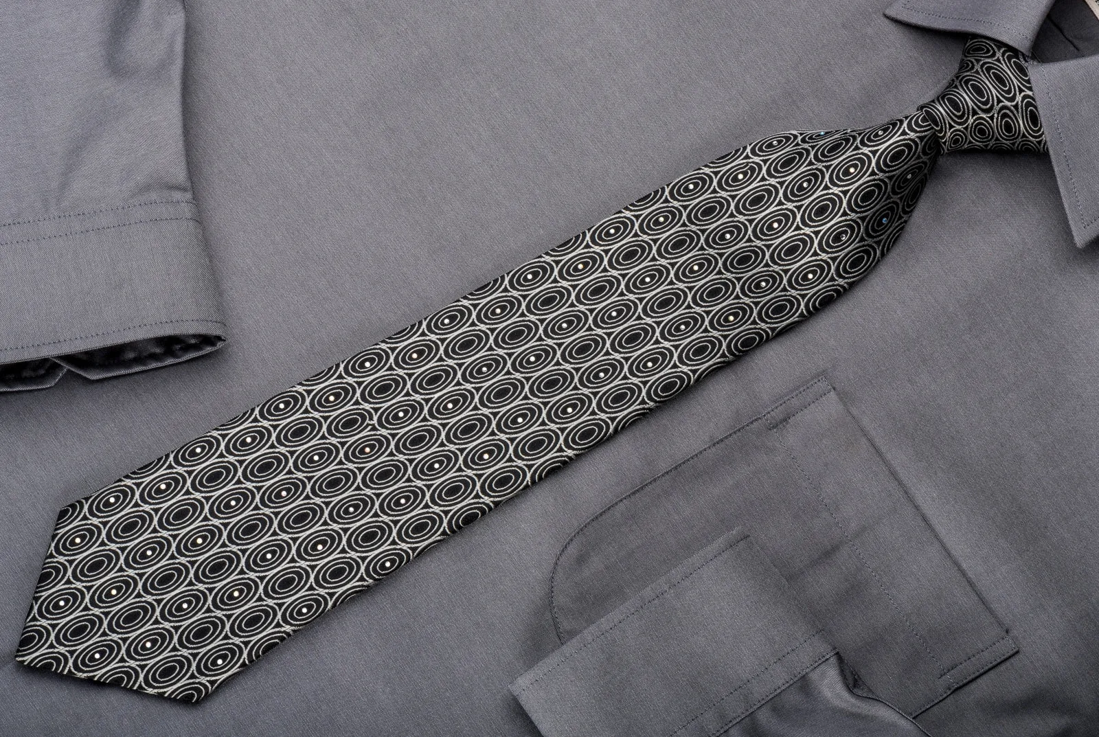 Giorgio Ferri Mens Silk Necktie Silver Geometric Ovals On Black Sparkling With Rhinestones
