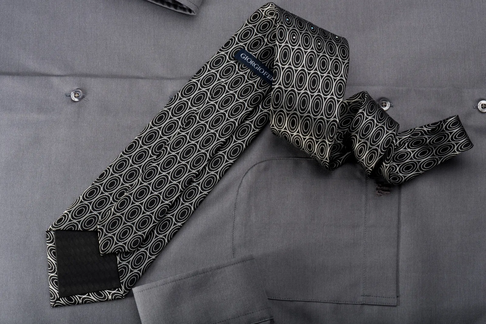 Giorgio Ferri Mens Silk Necktie Silver Geometric Ovals On Black Sparkling With Rhinestones
