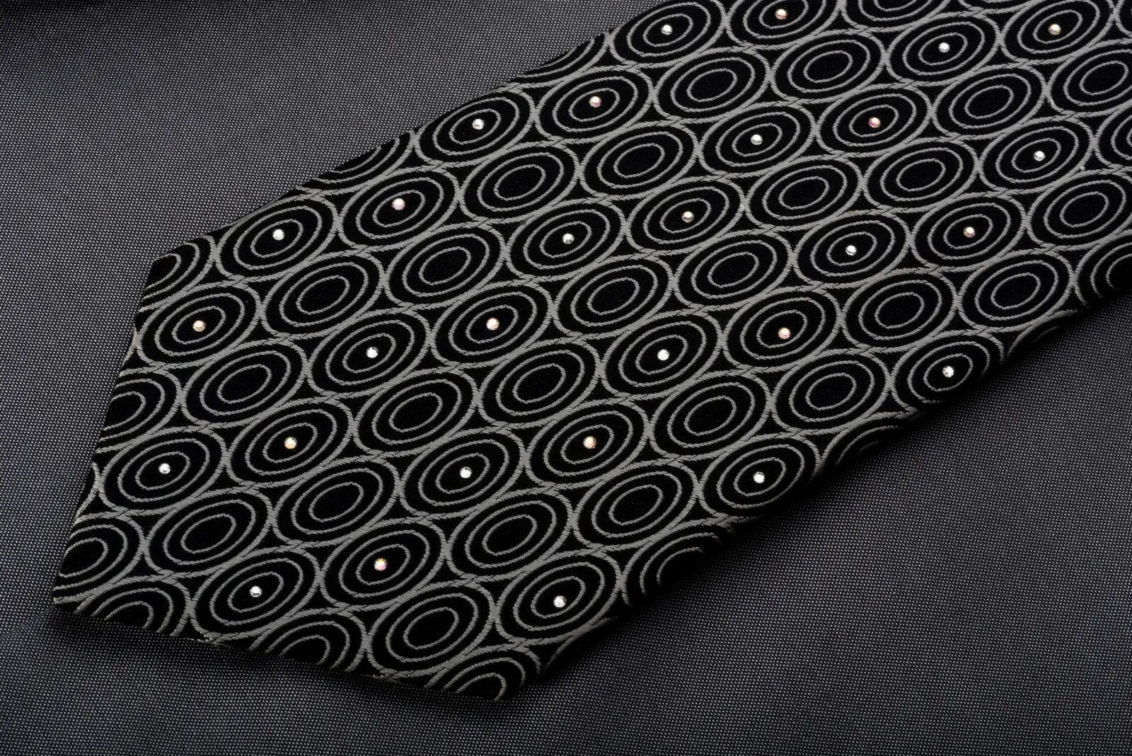 Giorgio Ferri Mens Silk Necktie Silver Geometric Ovals On Black Sparkling With Rhinestones