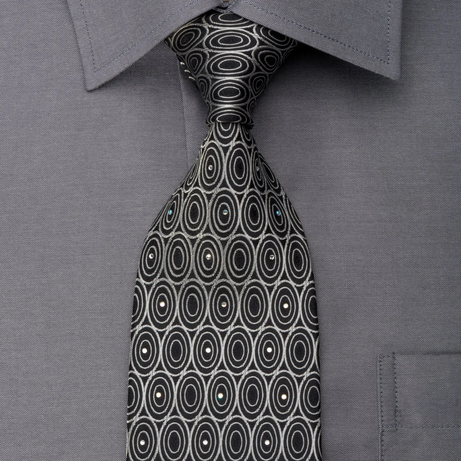 Giorgio Ferri Mens Silk Necktie Silver Geometric Ovals On Black Sparkling With Rhinestones