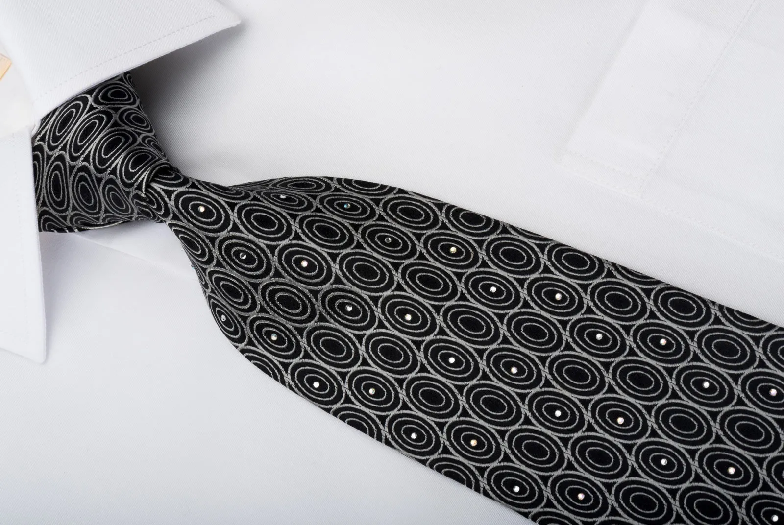 Giorgio Ferri Mens Silk Necktie Silver Geometric Ovals On Black Sparkling With Rhinestones