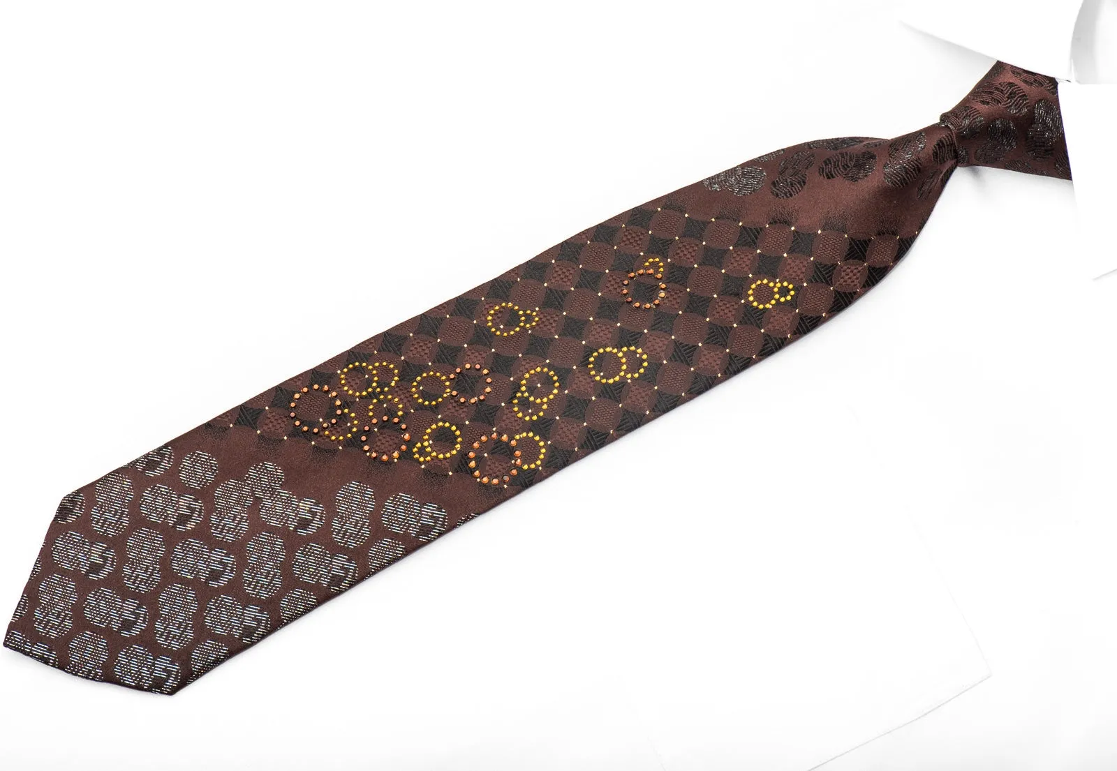 Grang Cia Men's Crystal Necktie Geometric Circles On Brown Silk With Rhinestones
