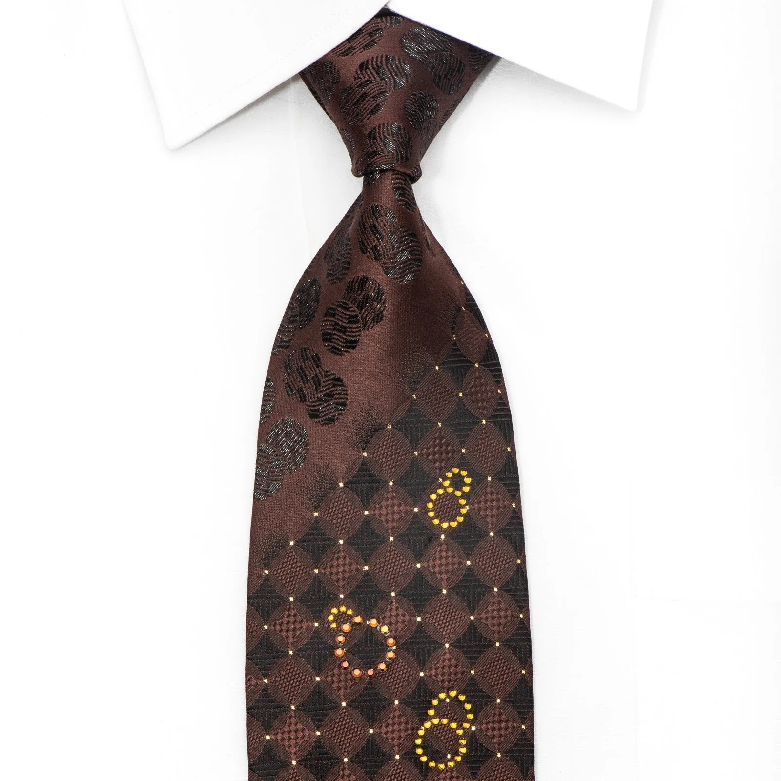 Grang Cia Men's Crystal Necktie Geometric Circles On Brown Silk With Rhinestones