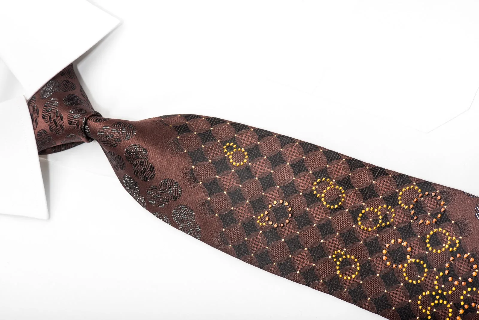 Grang Cia Men's Crystal Necktie Geometric Circles On Brown Silk With Rhinestones