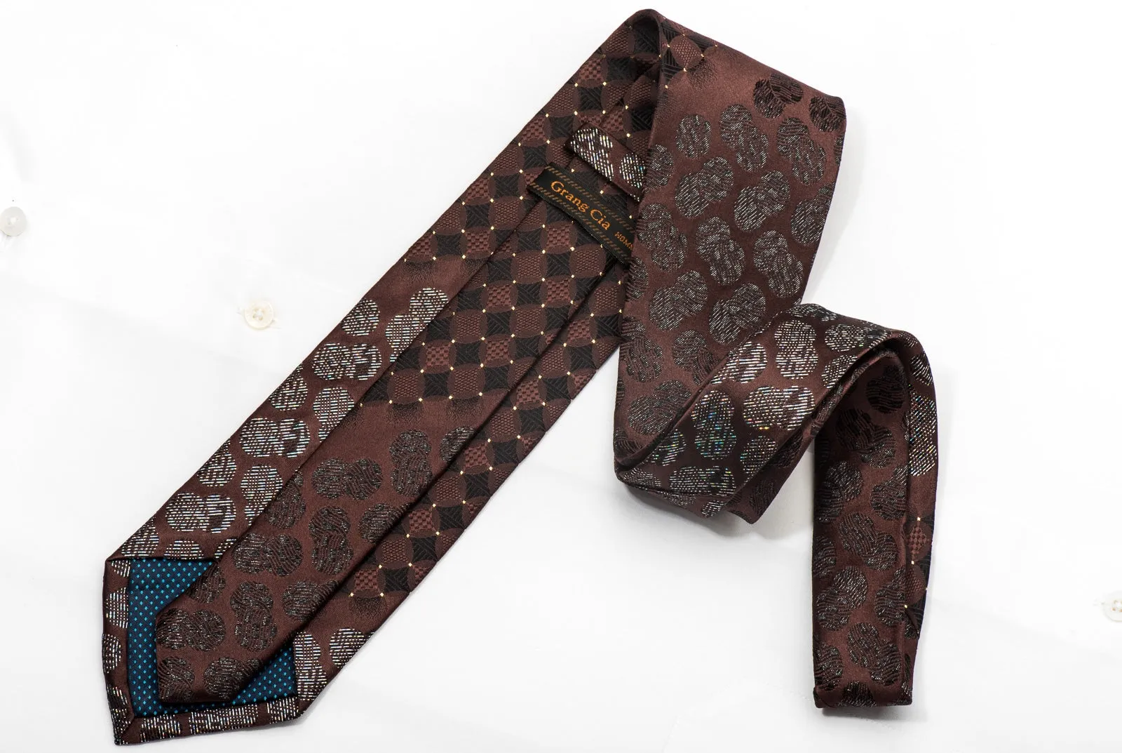 Grang Cia Men's Crystal Necktie Geometric Circles On Brown Silk With Rhinestones