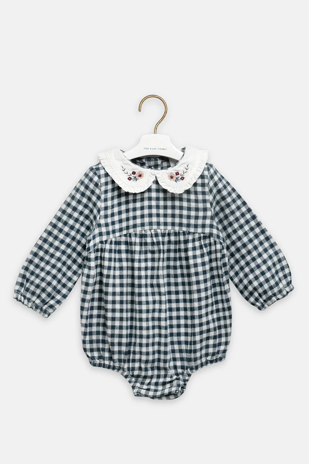 Green Check Embroidered Romper
