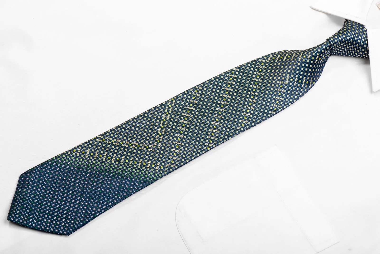 Green Micro Squares On Navy Blue Rhinestone Necktie With Silver Sparkles