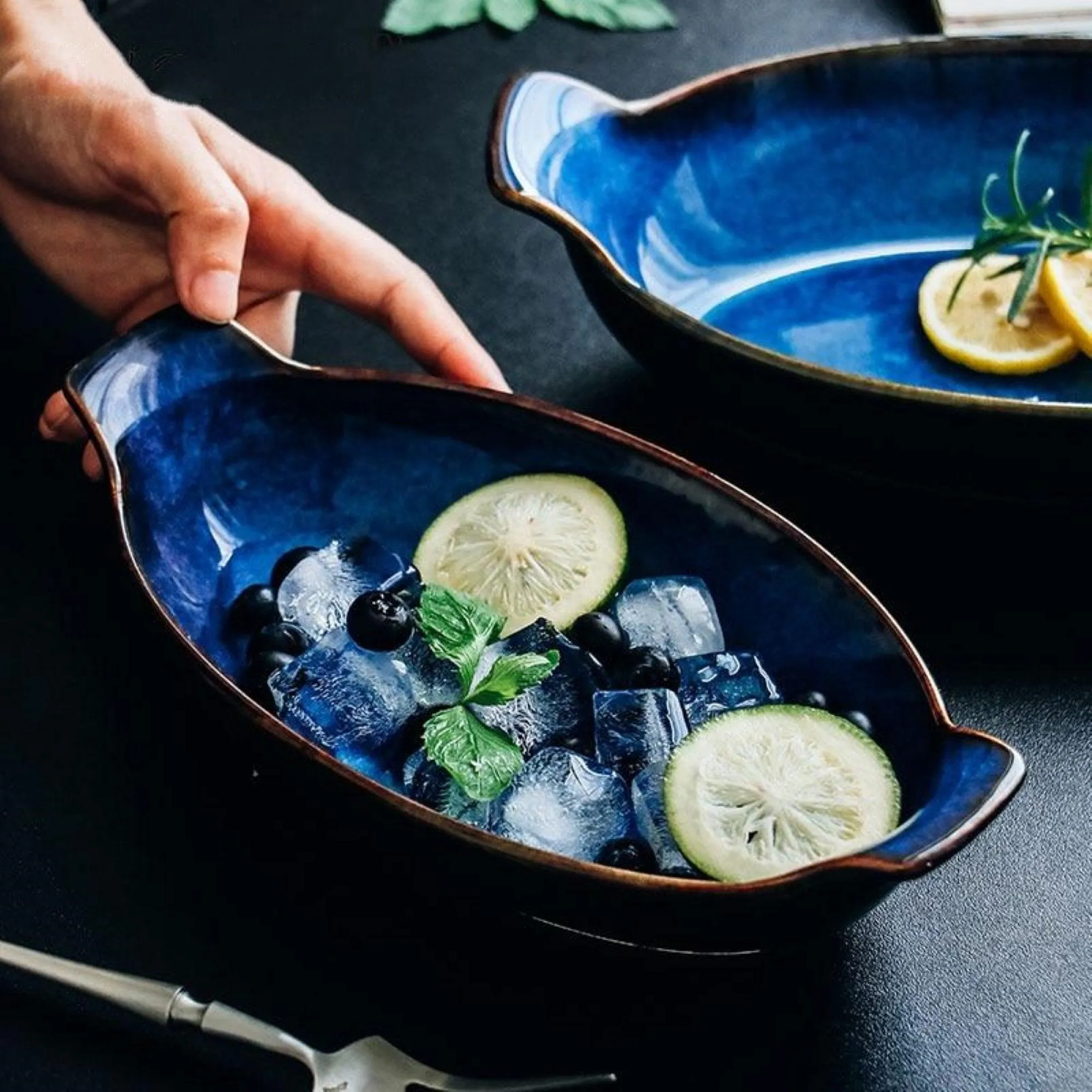 Handmade Blue Boat Shaped Bowls - 28.5cm (2 Pcs Set)