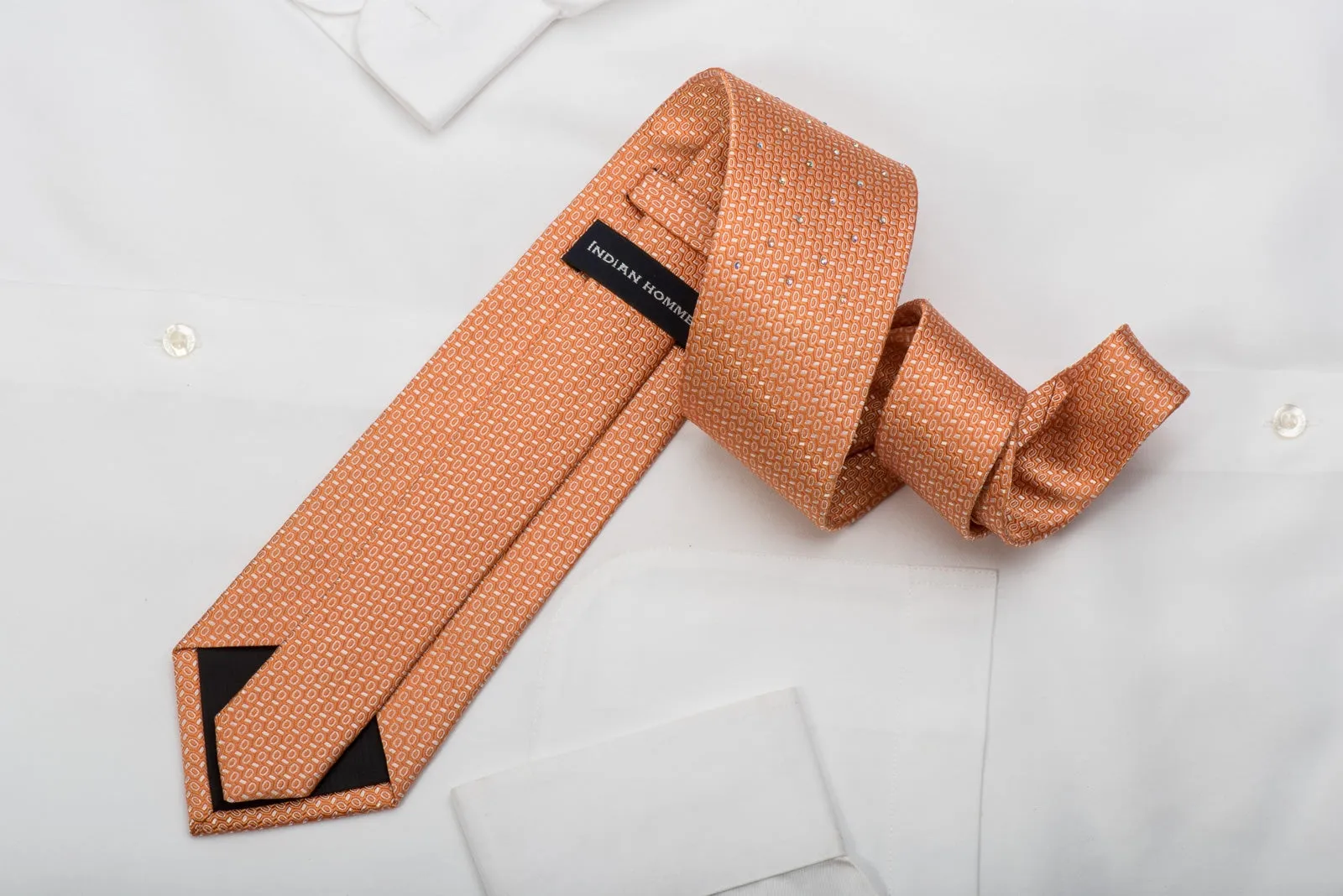 Indian Homme Men's Silk Tie Geometric On Orange Sparkling With Rhinestones