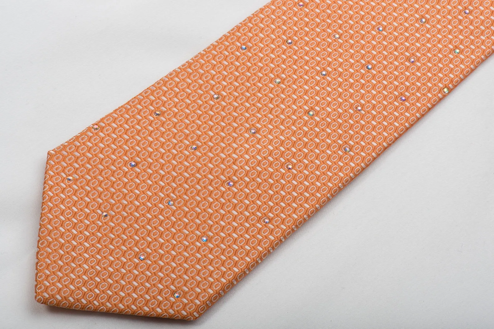 Indian Homme Men's Silk Tie Geometric On Orange Sparkling With Rhinestones