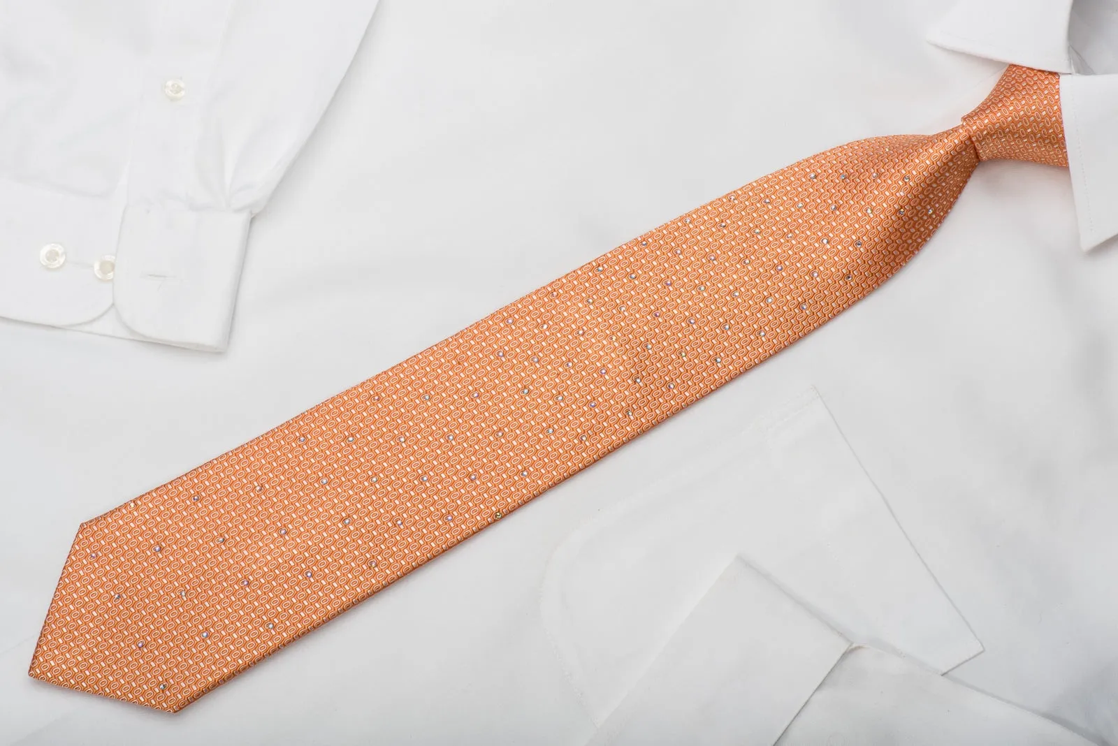 Indian Homme Men's Silk Tie Geometric On Orange Sparkling With Rhinestones